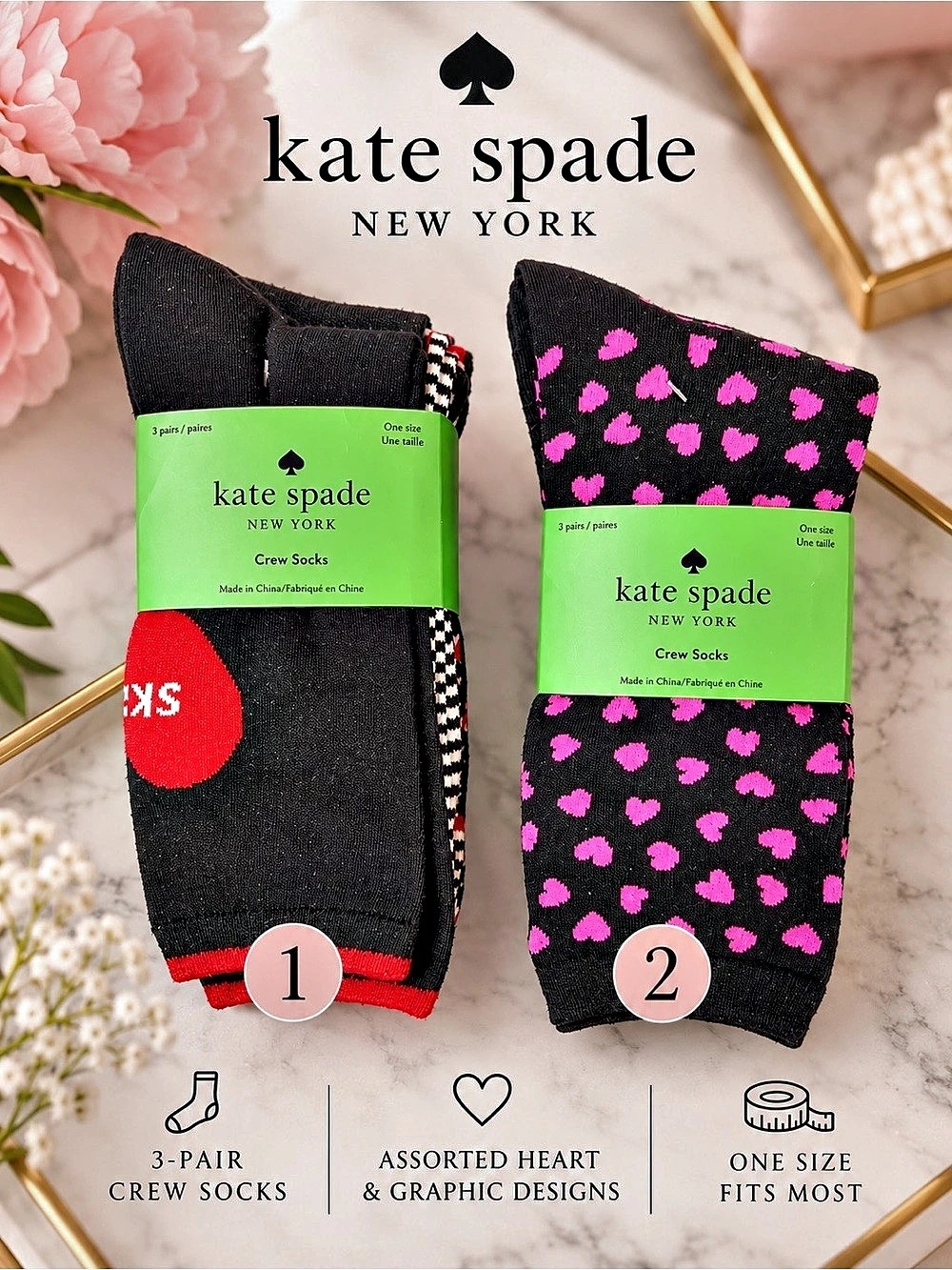 Kate Spade New York 3-Pair Crew Socks One Size NWT – Choice of Style